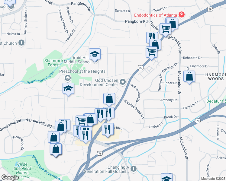 map of restaurants, bars, coffee shops, grocery stores, and more near 2326 Lawrenceville Highway in Decatur