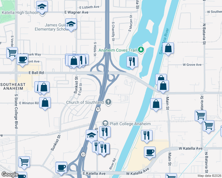 map of restaurants, bars, coffee shops, grocery stores, and more near 1381 South Auto Center Drive in Anaheim