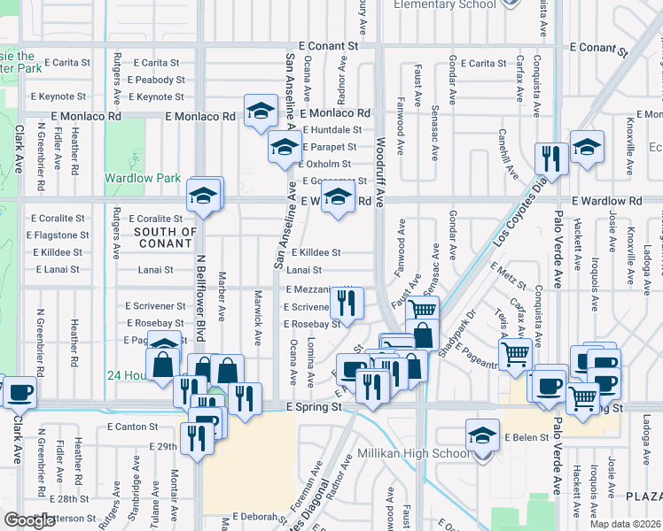 map of restaurants, bars, coffee shops, grocery stores, and more near 5809 Lanai Street in Long Beach