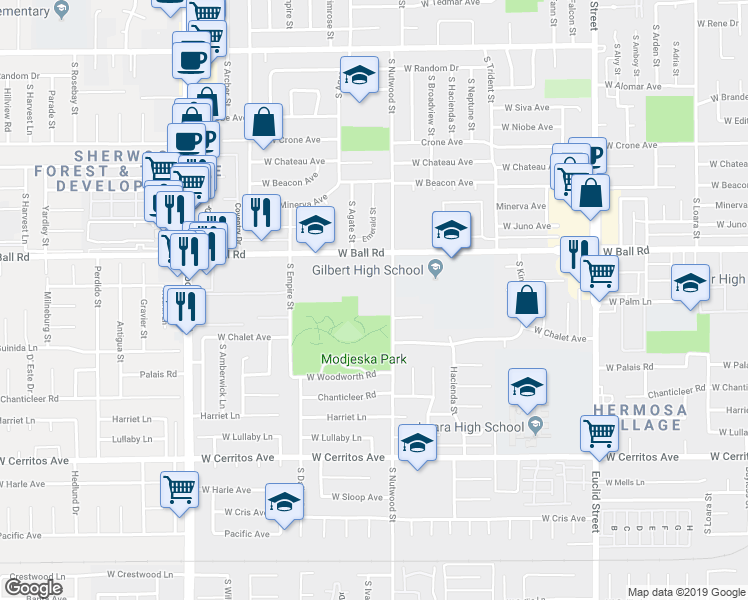 map of restaurants, bars, coffee shops, grocery stores, and more near 1255 South Nutwood Street in Anaheim