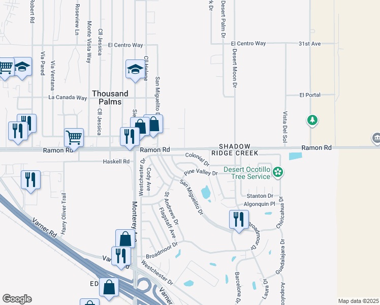 map of restaurants, bars, coffee shops, grocery stores, and more near 73250 Colonial Drive in Thousand Palms