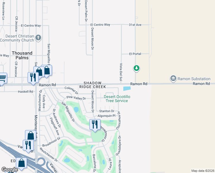 map of restaurants, bars, coffee shops, grocery stores, and more near 73666 Black Eagle Drive in Thousand Palms
