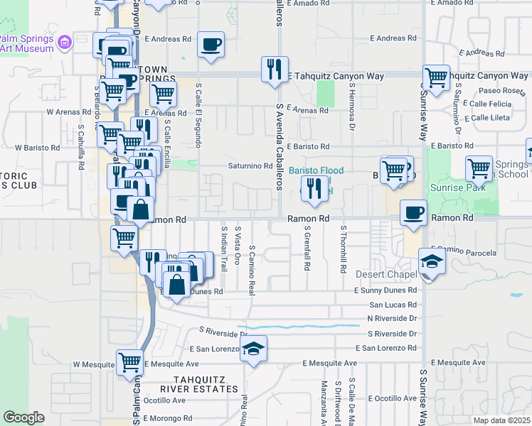 map of restaurants, bars, coffee shops, grocery stores, and more near 959 Village Square North in Palm Springs