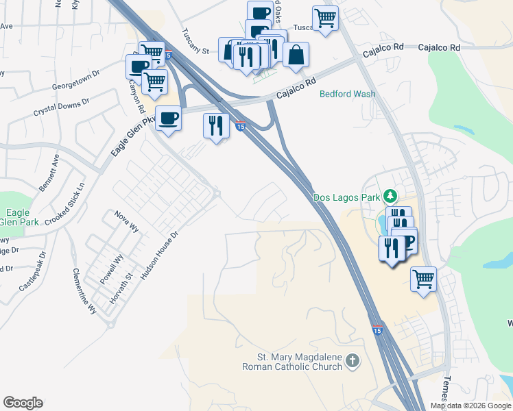 map of restaurants, bars, coffee shops, grocery stores, and more near 3808 Crossen Drive in Corona