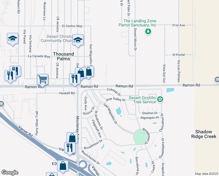 map of restaurants, bars, coffee shops, grocery stores, and more near 73250 Colonial Drive in Thousand Palms