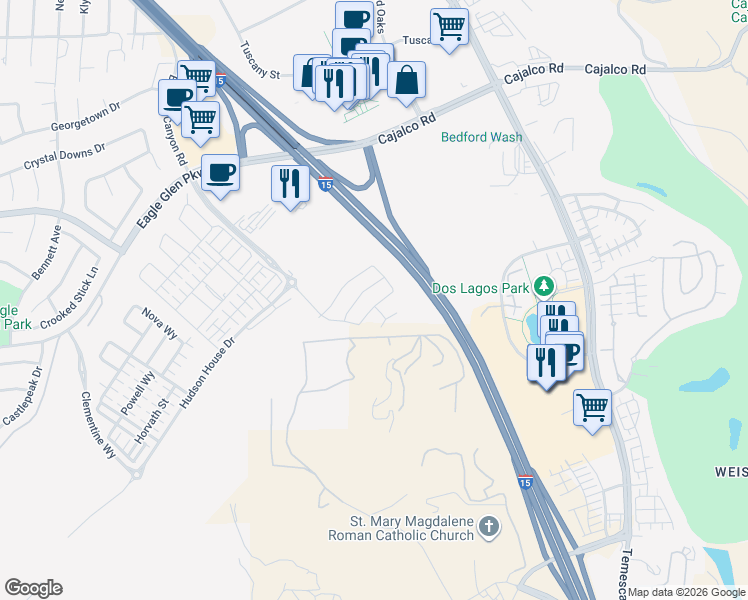 map of restaurants, bars, coffee shops, grocery stores, and more near 3722 Leafgreen Road in Corona