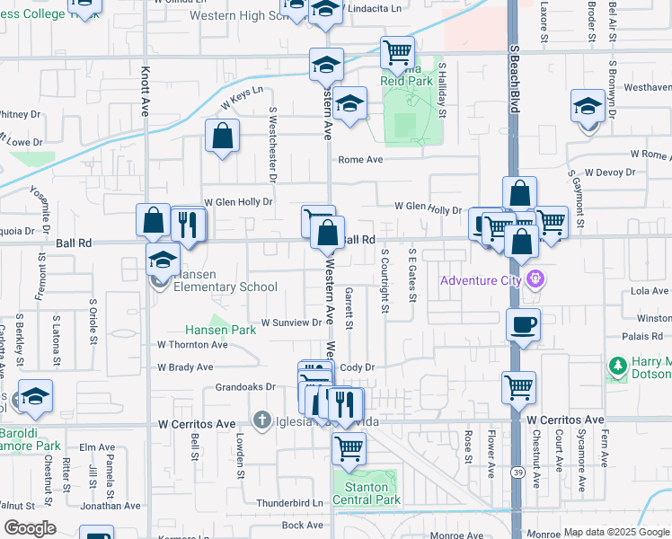 map of restaurants, bars, coffee shops, grocery stores, and more near 1226 South Western Avenue in Anaheim