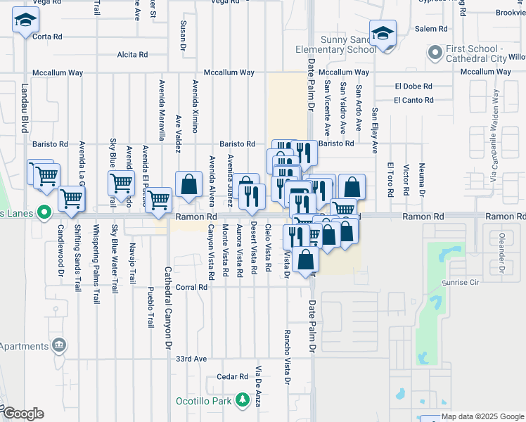 map of restaurants, bars, coffee shops, grocery stores, and more near 68828 Ramon Road in Cathedral City