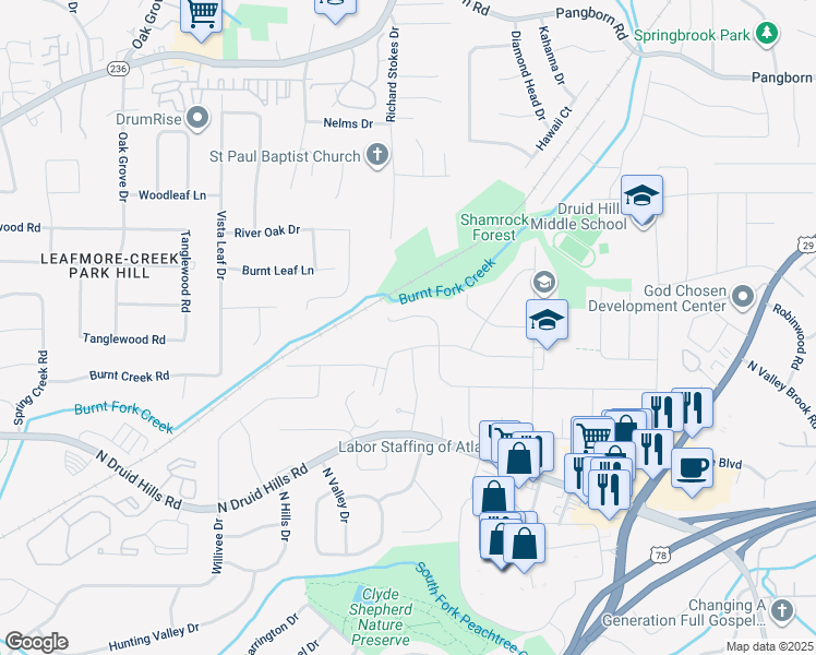 map of restaurants, bars, coffee shops, grocery stores, and more near 2545 Laurel Ridge Drive in Decatur