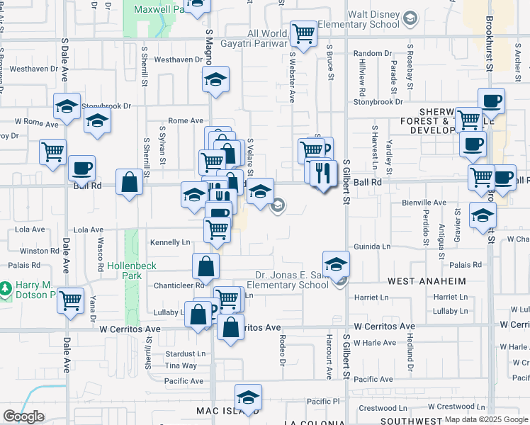 map of restaurants, bars, coffee shops, grocery stores, and more near 2450 West Ball Road in Anaheim