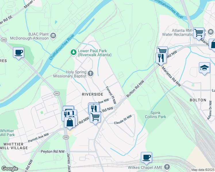 map of restaurants, bars, coffee shops, grocery stores, and more near 2497 Edwards Drive Northwest in Atlanta
