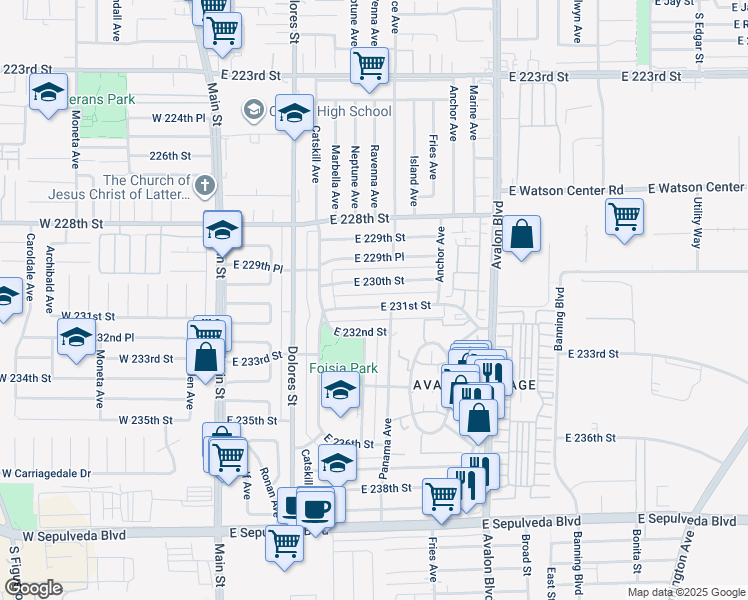 map of restaurants, bars, coffee shops, grocery stores, and more near 363 East 231st Street in Carson