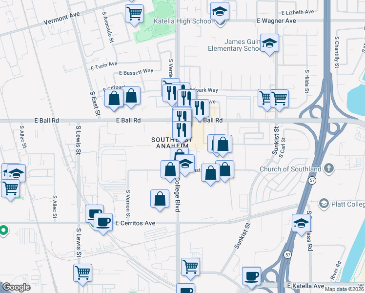 map of restaurants, bars, coffee shops, grocery stores, and more near in Anaheim