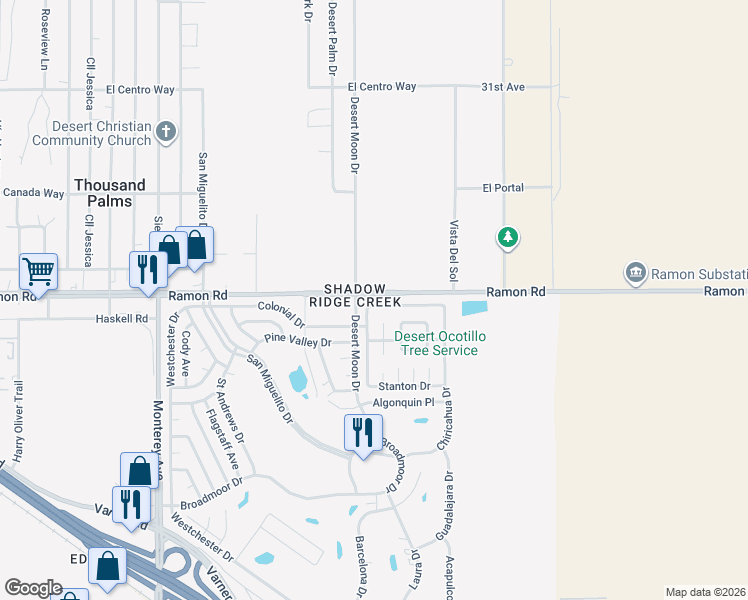 map of restaurants, bars, coffee shops, grocery stores, and more near 73542 Black Eagle Drive in Thousand Palms