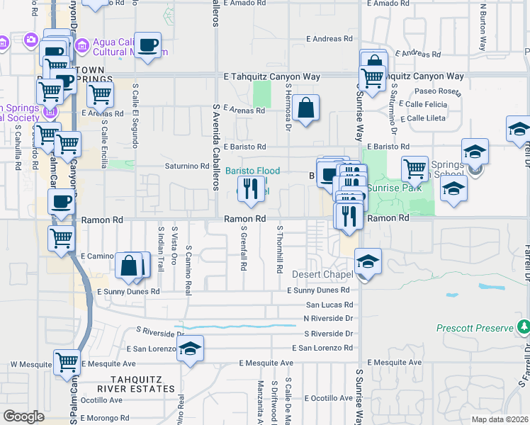 map of restaurants, bars, coffee shops, grocery stores, and more near 1268 Ramon Road in Palm Springs