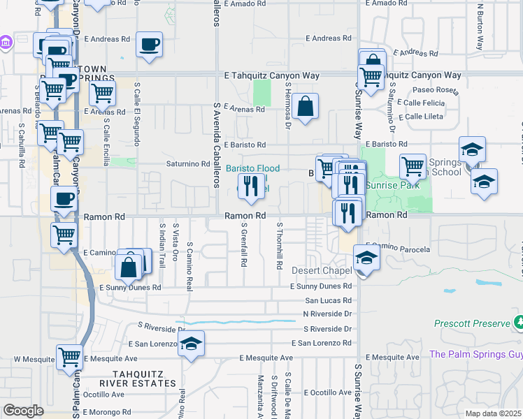map of restaurants, bars, coffee shops, grocery stores, and more near 1268 Ramon Road in Palm Springs