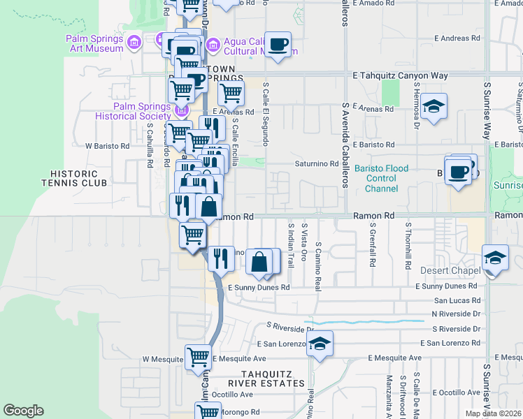 map of restaurants, bars, coffee shops, grocery stores, and more near 471 South Calle El Segundo in Palm Springs