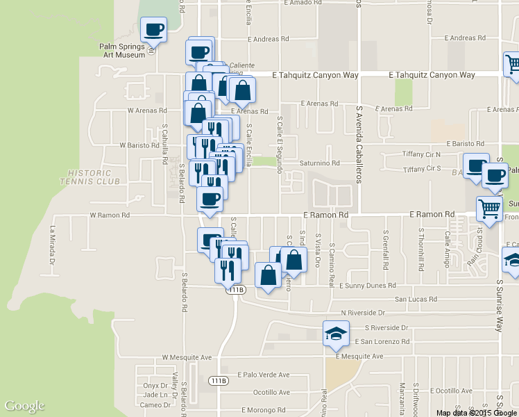 map of restaurants, bars, coffee shops, grocery stores, and more near 471 South Calle El Segundo in Palm Springs