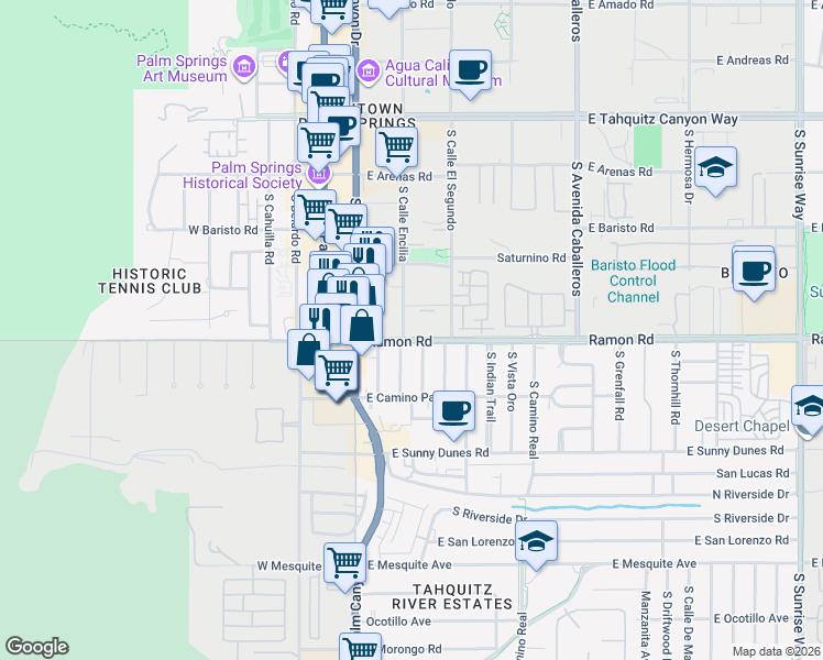 map of restaurants, bars, coffee shops, grocery stores, and more near 333 Ramon Road in Palm Springs