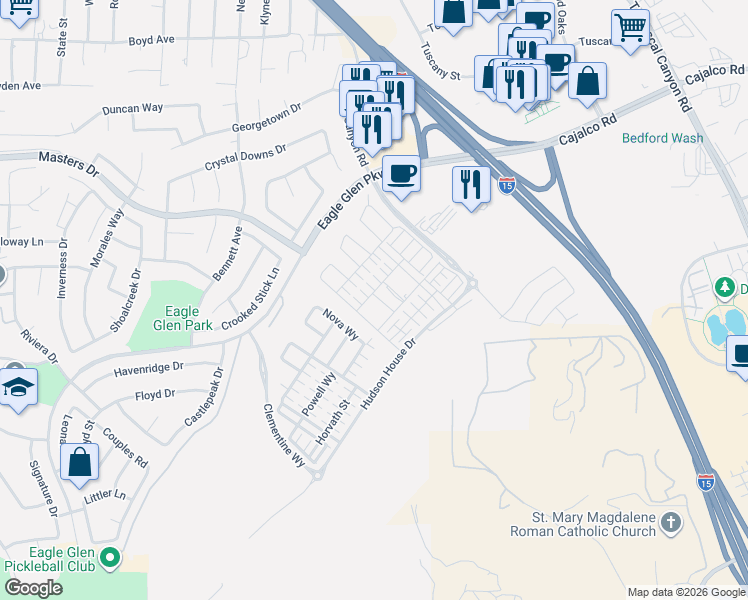 map of restaurants, bars, coffee shops, grocery stores, and more near 2506 Nova Way in Corona