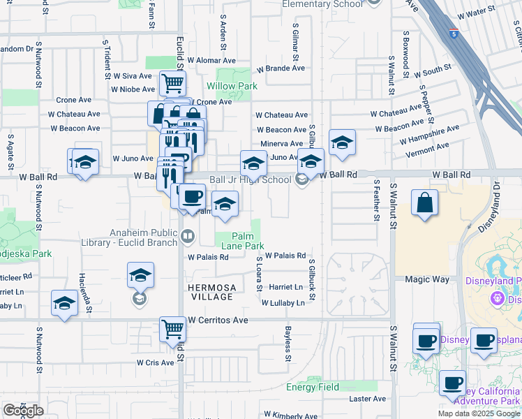 map of restaurants, bars, coffee shops, grocery stores, and more near 1590 West Palm Lane in Anaheim