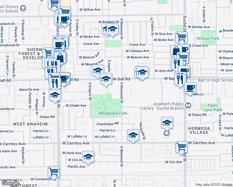 map of restaurants, bars, coffee shops, grocery stores, and more near 1255 South Nutwood Street in Anaheim