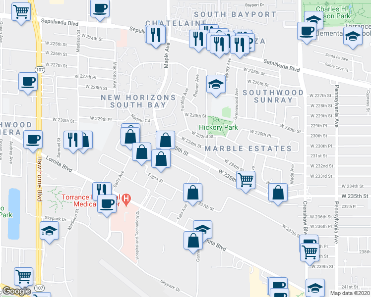 map of restaurants, bars, coffee shops, grocery stores, and more near 2887 West 235th Street in Torrance