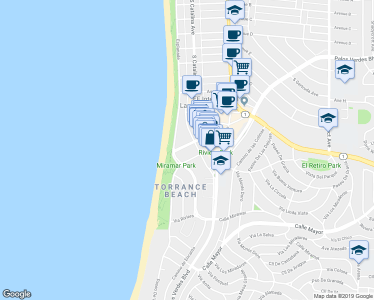 map of restaurants, bars, coffee shops, grocery stores, and more near 109 Paseo De La Playa in Redondo Beach
