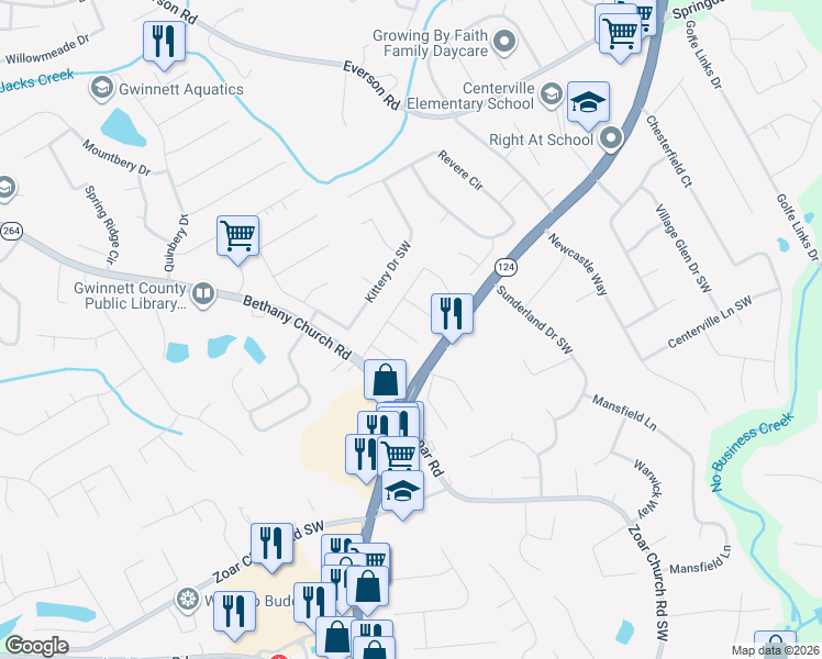 map of restaurants, bars, coffee shops, grocery stores, and more near 3017 Excelsior Court Southwest in Snellville