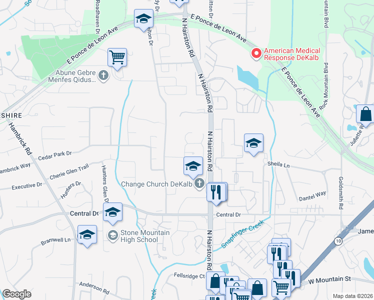 map of restaurants, bars, coffee shops, grocery stores, and more near 4726 Old Countryside Circle West in Stone Mountain