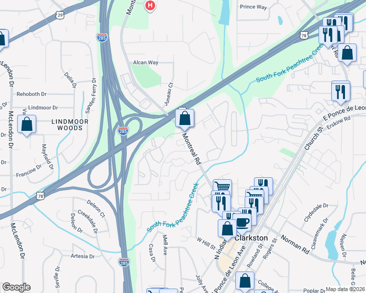 map of restaurants, bars, coffee shops, grocery stores, and more near 3456 Andrew Jackson Drive in Clarkston