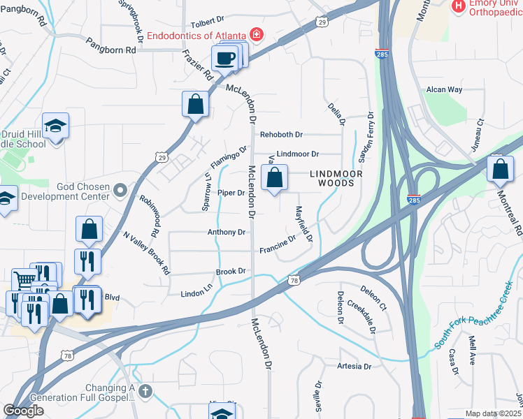 map of restaurants, bars, coffee shops, grocery stores, and more near 1245 McLendon Drive in Decatur