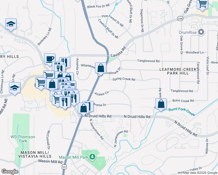 map of restaurants, bars, coffee shops, grocery stores, and more near 2076 Azalea Circle in Decatur