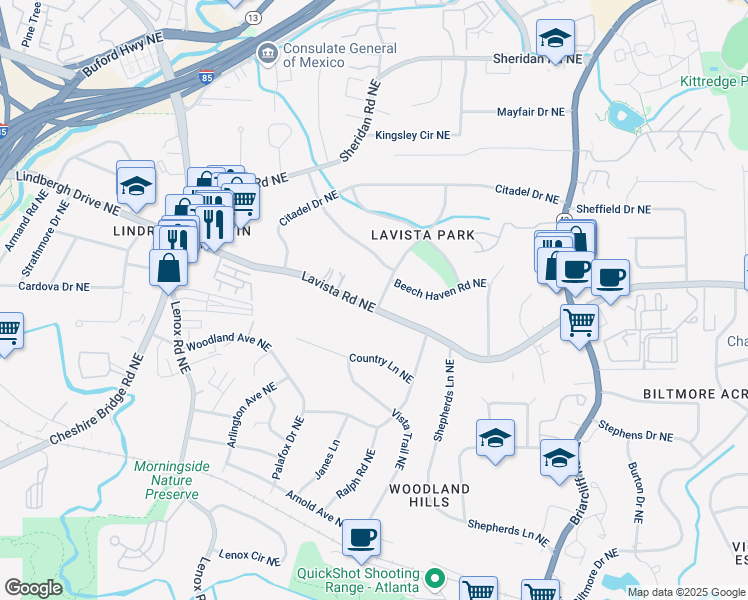 map of restaurants, bars, coffee shops, grocery stores, and more near 1410 Lavista Road Northeast in Atlanta