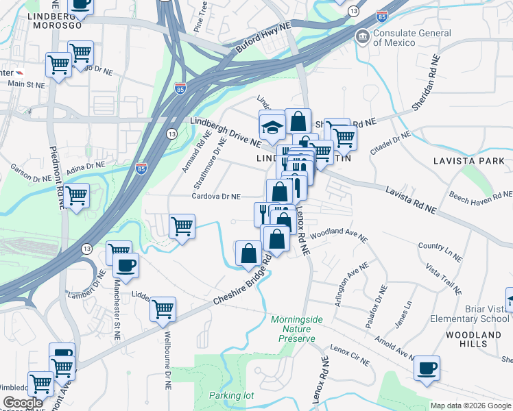 map of restaurants, bars, coffee shops, grocery stores, and more near 2221 Melante Drive Northeast in Atlanta