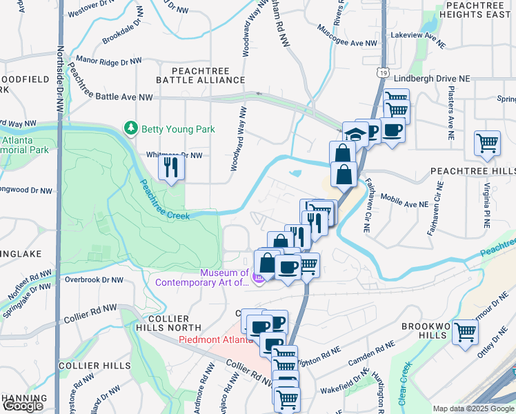 map of restaurants, bars, coffee shops, grocery stores, and more near Biscayne Drive Northwest in Atlanta