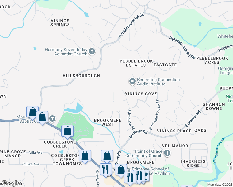 map of restaurants, bars, coffee shops, grocery stores, and more near 761 Sylvania Trail Southeast in Mableton