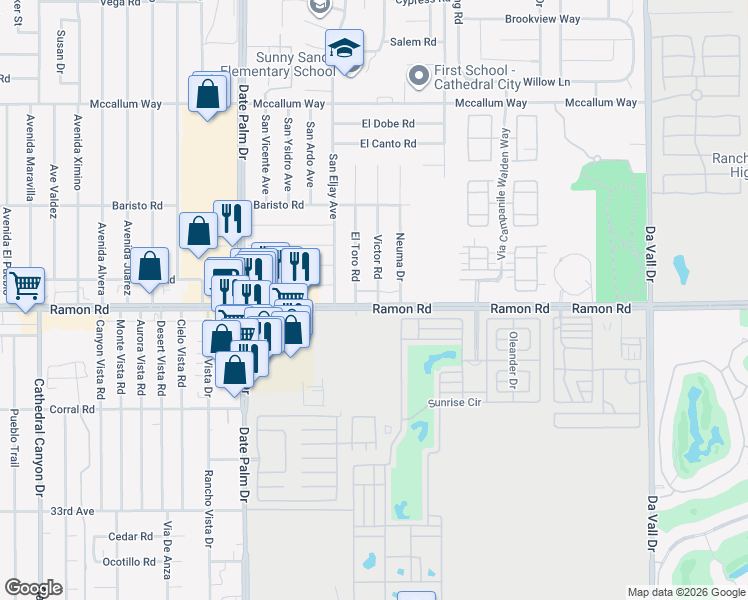 map of restaurants, bars, coffee shops, grocery stores, and more near 69450 Ramon Road in Cathedral City