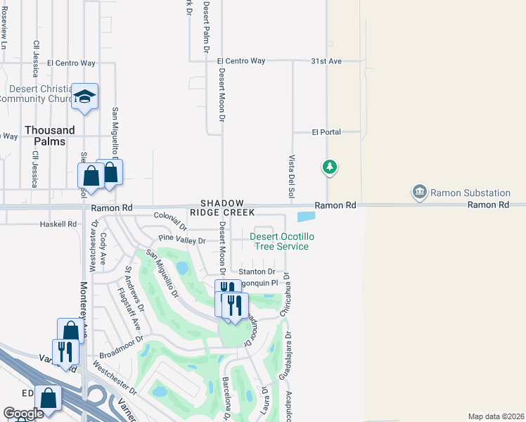 map of restaurants, bars, coffee shops, grocery stores, and more near 73666 Black Eagle Drive in Thousand Palms