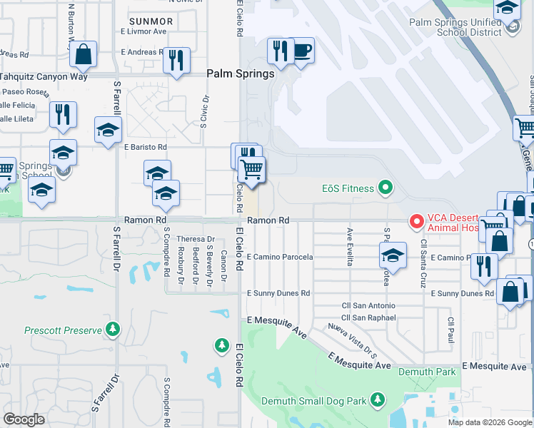 map of restaurants, bars, coffee shops, grocery stores, and more near 3400 Ramon Road in Palm Springs