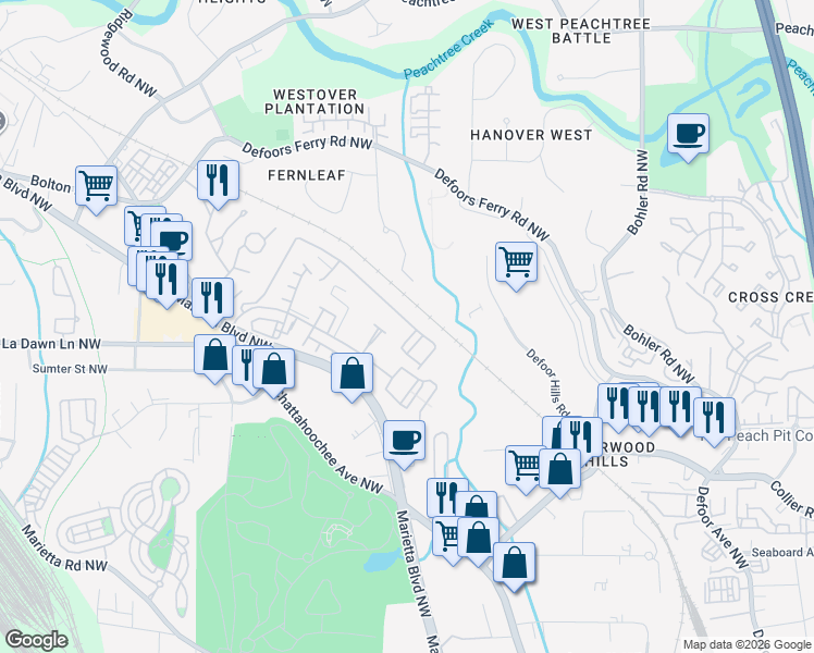 map of restaurants, bars, coffee shops, grocery stores, and more near 3002 Liberty Way Northwest in Atlanta