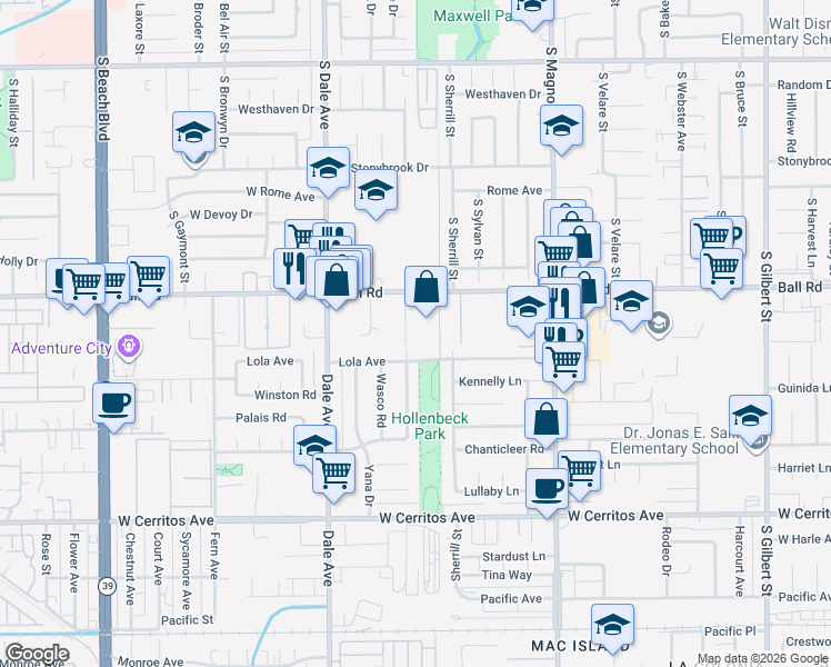 map of restaurants, bars, coffee shops, grocery stores, and more near 1278 South Macduff Street in Anaheim