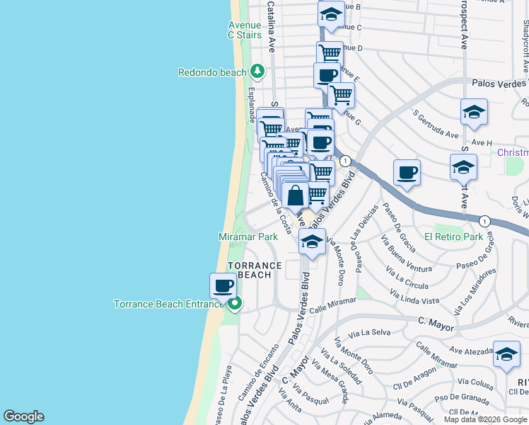 map of restaurants, bars, coffee shops, grocery stores, and more near 109 Paseo De La Playa in Redondo Beach