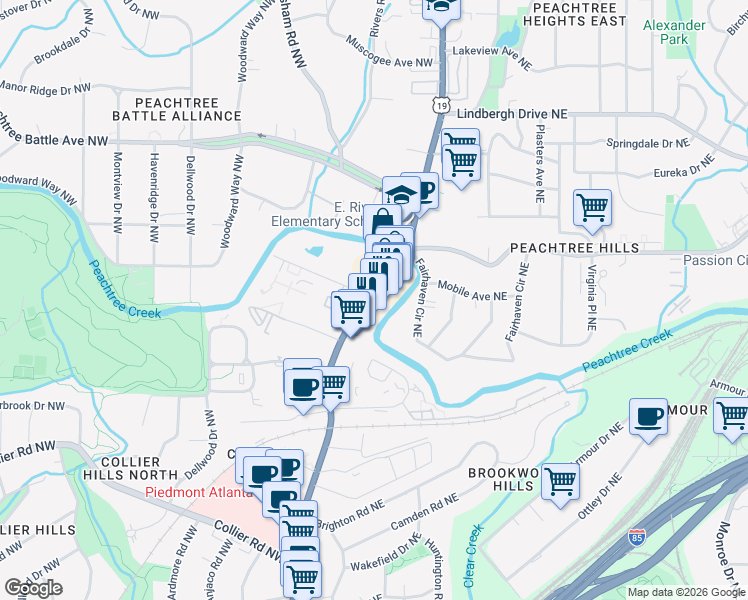 map of restaurants, bars, coffee shops, grocery stores, and more near 2277 Peachtree Road Northeast in Atlanta