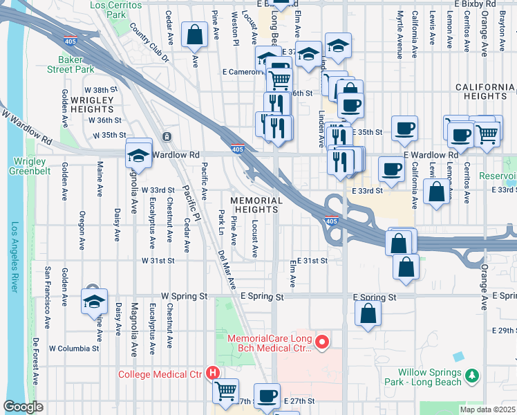 map of restaurants, bars, coffee shops, grocery stores, and more near 3246 Locust Avenue in Long Beach