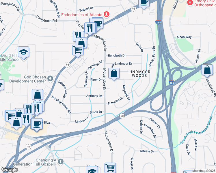 map of restaurants, bars, coffee shops, grocery stores, and more near 1245 McLendon Drive in Decatur
