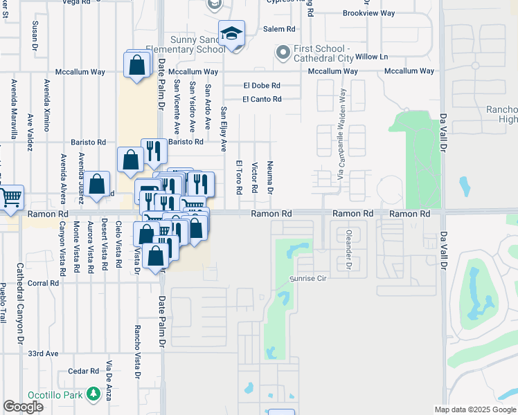 map of restaurants, bars, coffee shops, grocery stores, and more near 69801 Ramon Road in Cathedral City