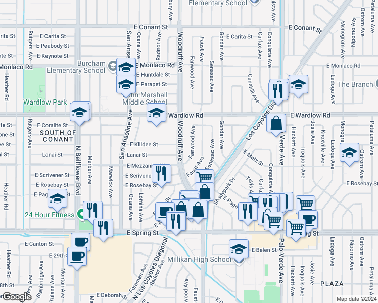 map of restaurants, bars, coffee shops, grocery stores, and more near 3247 Fanwood Avenue in Long Beach
