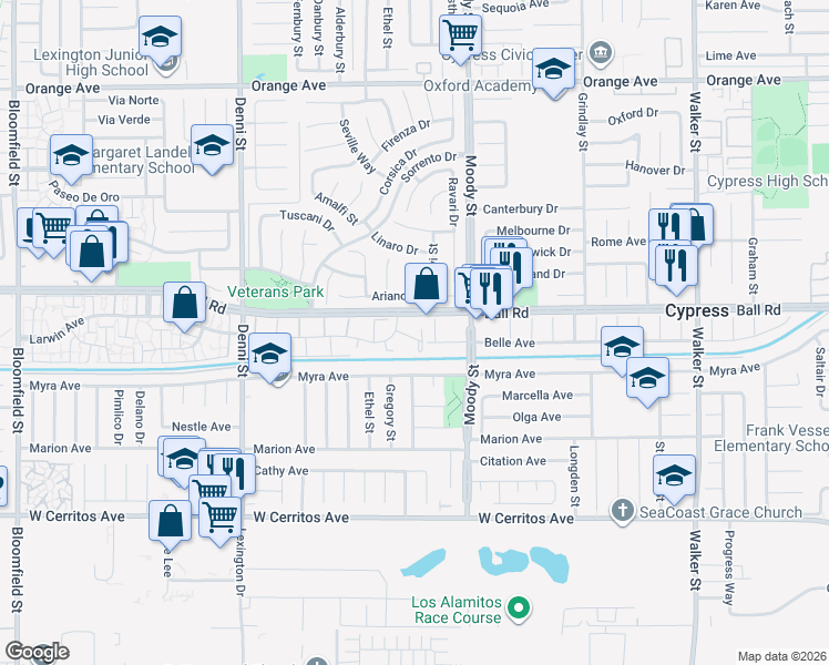 map of restaurants, bars, coffee shops, grocery stores, and more near 4816 Larwin Avenue in Cypress