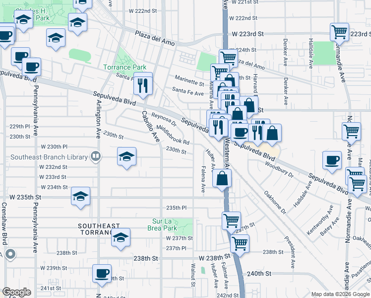 map of restaurants, bars, coffee shops, grocery stores, and more near 1921 230th Street in Torrance